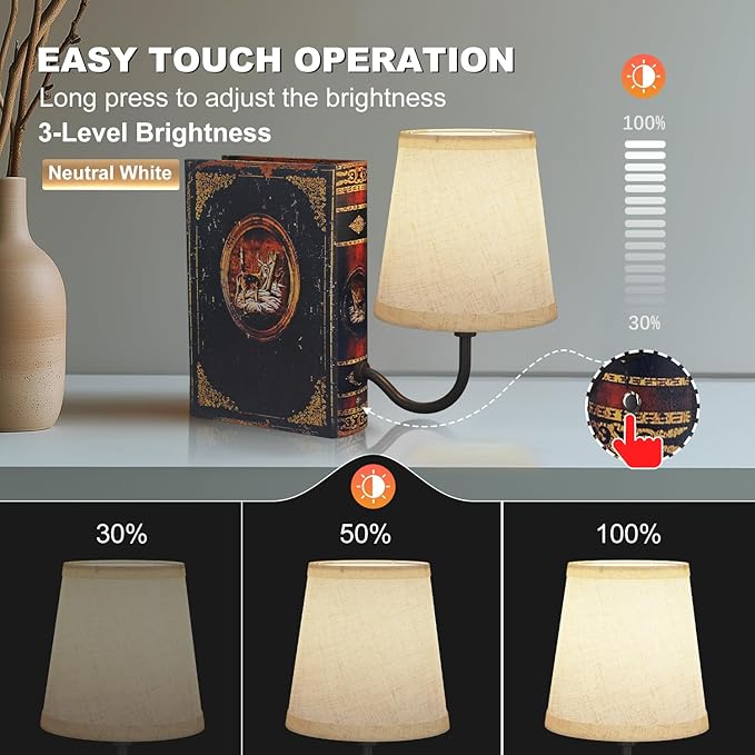 Vintage Bookshelf Lamp Rechargeable Set of Two, Cordless Book Lamp with Linen Shade, Dimmable Touch Control Table Lamp, Modern Decorative Bookend, Bookshelf Lights for Office Home