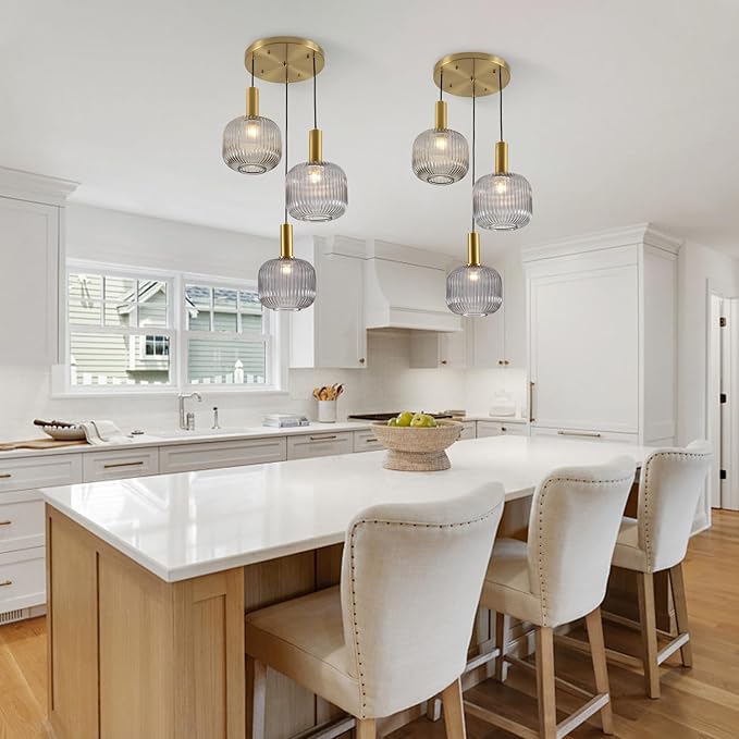 BOKT 3-Light Cluster Pendant Lights Modern Smokey Gray Glass Globe Pendant Light Adjustable Open Glass Kitchen Island Pendant Chandelier Vintage Multi Light Pendant Lighting Cluster