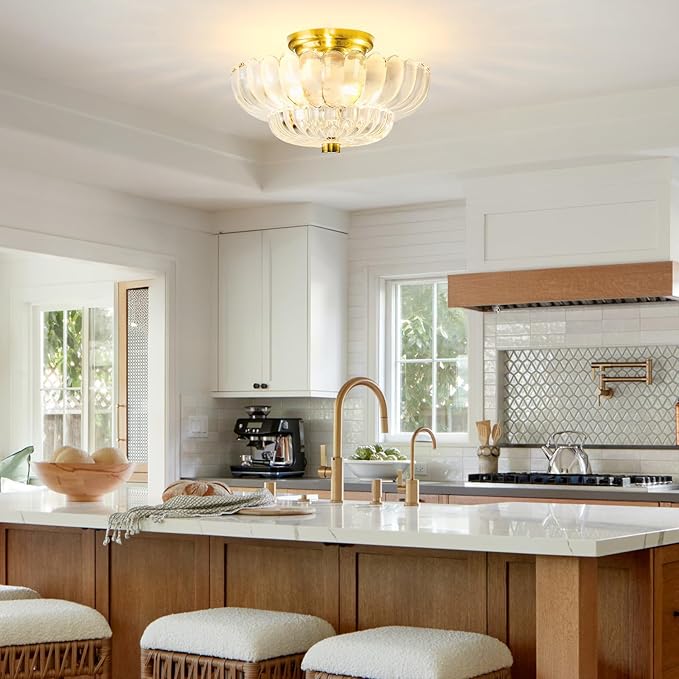Semi Flush Mount Ceiling Light Fixture Vinatge Gold Ceiling Lights Mid Century Modern Clear Glass Close to Ceiling Lighting Fixtures for Bedroom Hallway Foyer Bathroom Kitchen Laundry Room Nursery