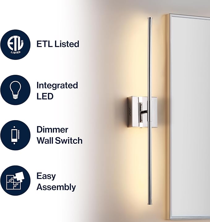 JONATHAN Y 28" Chrome Modern Dimmable Integrated LED Wall Sconce, Metal Vanity Light for Bathroom Mirror Bedroom Hallway, Sleek Hardwired Wall Lamp Fixture, 3000K JYL7022A