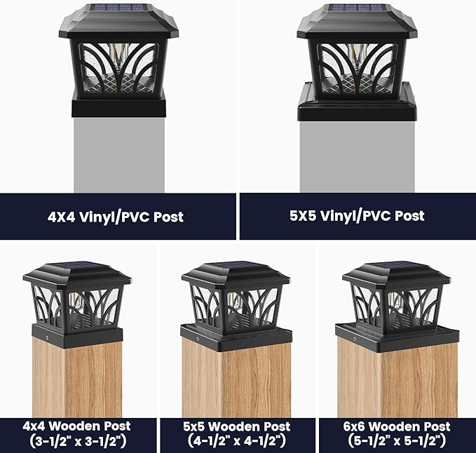 SIEDiNLAR Solar Post Cap Lights Outdoor, Aluminum Glass 2 Modes Edison LED Bulbs for 4x4 5x5 6x6 Wooden/Vinyl Posts Fence Deck Patio Decor, Warm White/Cool White Lighting 8 Pack (Black)