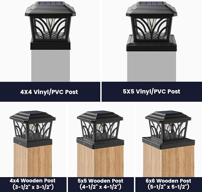 SIEDiNLAR Solar Post Cap Lights Outdoor, Aluminum Glass 2 Modes Edison LED Bulbs for 4x4 5x5 6x6 Vinyl Wooden Posts Deck Fence Patio Decor, Warm White/Cool White Lighting 6 Pack (Black)