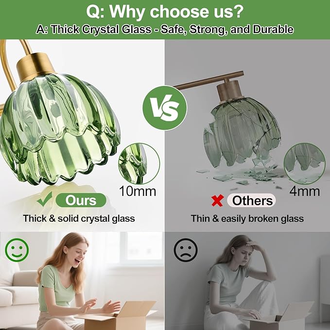 Bathroom Light Fixtures (3-Light, 20 in), Brushed Gold Vanity Lights for Bathroom with Ribbed Green Tulip Glass Shade, Vintage Vanity Wall Lights for Mirror Bedroom Living Room Hallway