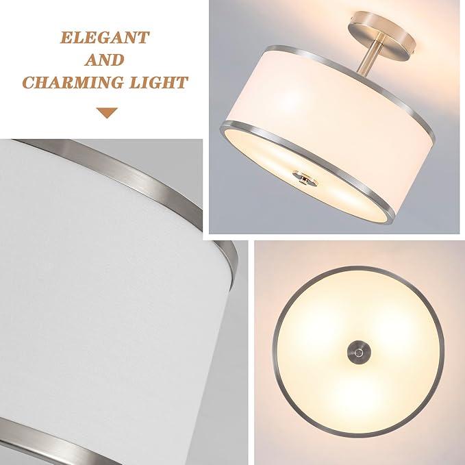 BUXVRCS Semi Flush Mount Ceiling Light Fixture, 3-Light Drum Lighting Fixtures, Hallway Light Fixture Ceiling Mount with Fabric Shade, Close to Ceiling Light for Bedroom Bathroom (Brushed Nickel)