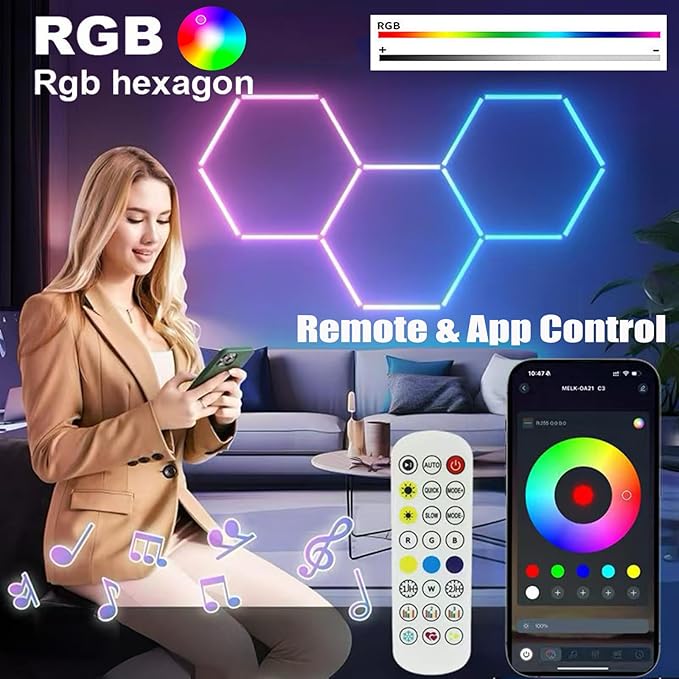 25Pack RGB Hexagon led Garage Lights,5 Hexagon Light with Multi Color,Dimmable&Speed Adjustable RGB Hex Wall Lights DIY Design for Remote Control