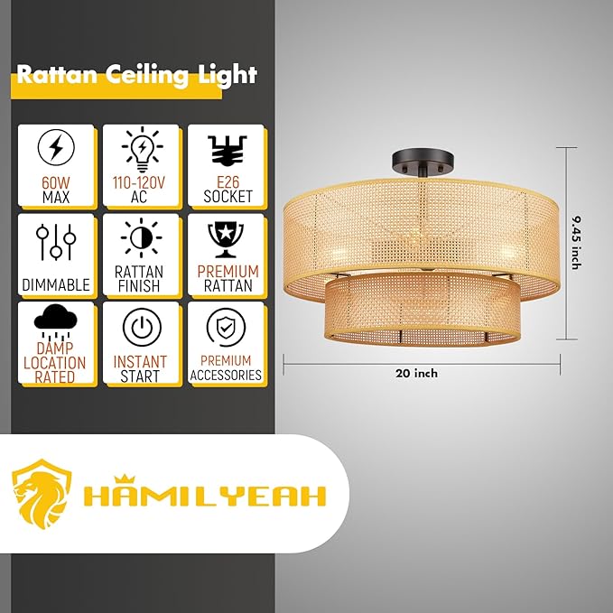 Hamilyeah 20 inch Boho Flush Mount Ceiling Light Fixture Double Layer, Drum Light Fixture Ceiling Mount with Wicker Shade, Bamboo Woven Rattan Lights Ceiling for Living Room, Bedroom, Dinning Room