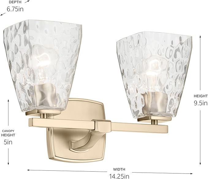 Kichler Marant 14.25" 2-Light Bathroom Vanity Light Fixture with Clear Water Glass in Champagne Bronze for Powder Room Over Mirror (14.25" W x 9.5" H), 55215CPZWTR