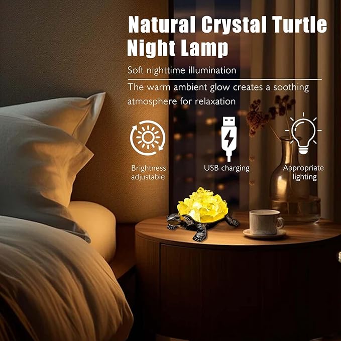 Runyangshi Natural Citrine Turtle Night Lamp Healing Crystal Bedroom Bedside Table Lamp USB Port Home Decor Women Men Gift