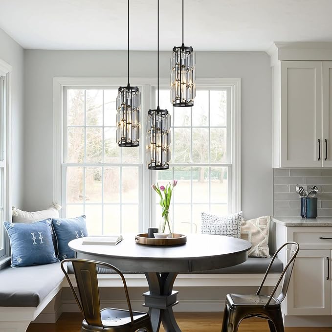 Black Pendant Lighting Modern Pendant Lighti，Pendant Lights Kitchen Island Crystal Pendant Light Fixture，Mini Crystal Chandeliers for Kitchen, Dining Room and Bedroom (3 Pack)