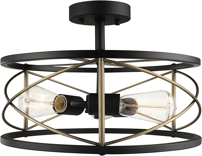 Globe Electric 60869 Denali 3-Light Flush Mount Ceiling Light, Matte Black, Brass Accents
