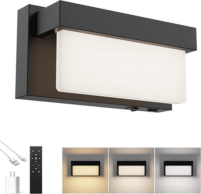 Battery Wall Sconce Black Wall Light with On/Off Switch 8 inch LED Wall Lamp Acrylic Lampshade 3CCT Sconce Wall Lighting