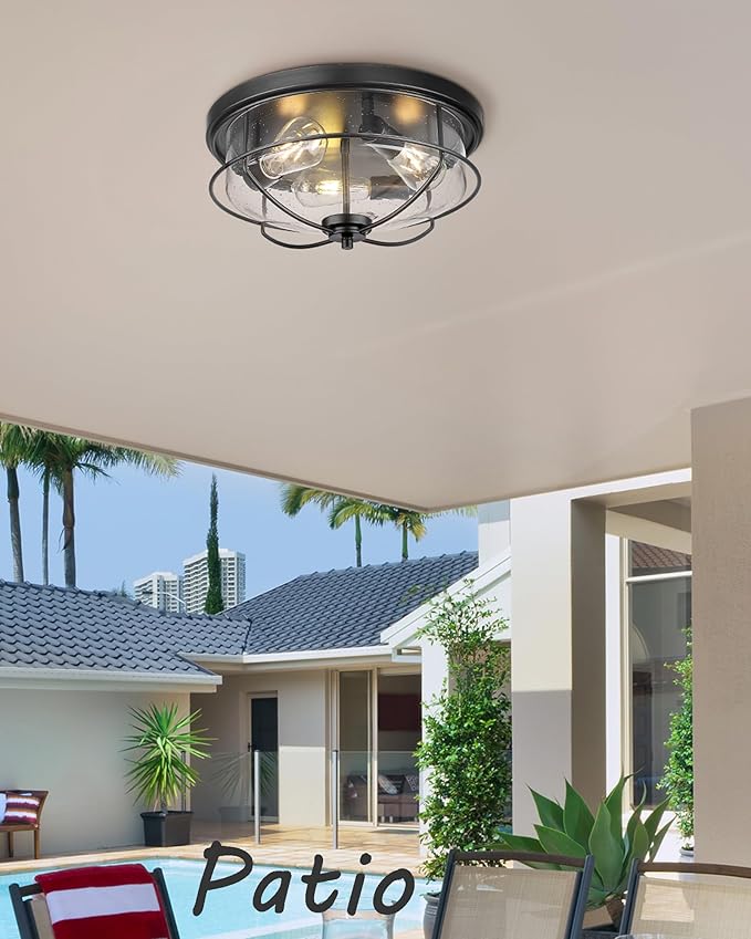 3-Light Flush Mount Ceiling Light, HWH 15 inch Hallway Light Fixtures Ceiling with Seeded Glass, Matte Black Finish, 5HTJ102F BK