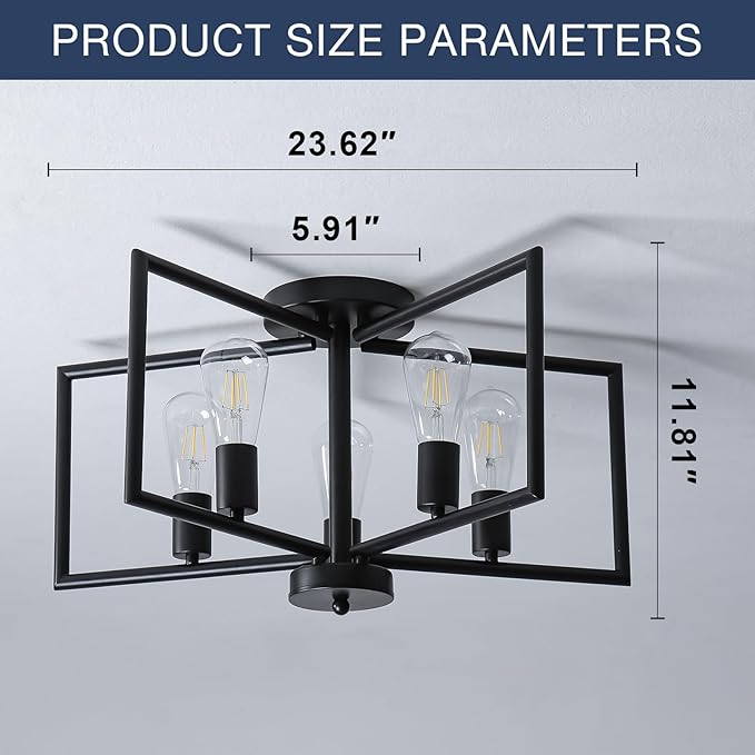 5-Light Black Semi-Flush Mount Ceiling Chandeliers, Geometric Five-Pointed Star Shape Industrial Metal Lighting Fixture for Foyer Entryway Hallway Living Room Modern Farmhouse Kitchen Island