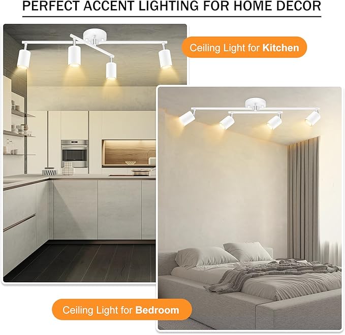4 Light Track Lighting Kit Kitchen, White Track Lighting Fixtures Ceiling, 4 Way Modern Flexible Spot Track Lighting, Industrial LED Lights for Room Hallway Bedroom(GU10 Socket, Bulb Not Included)