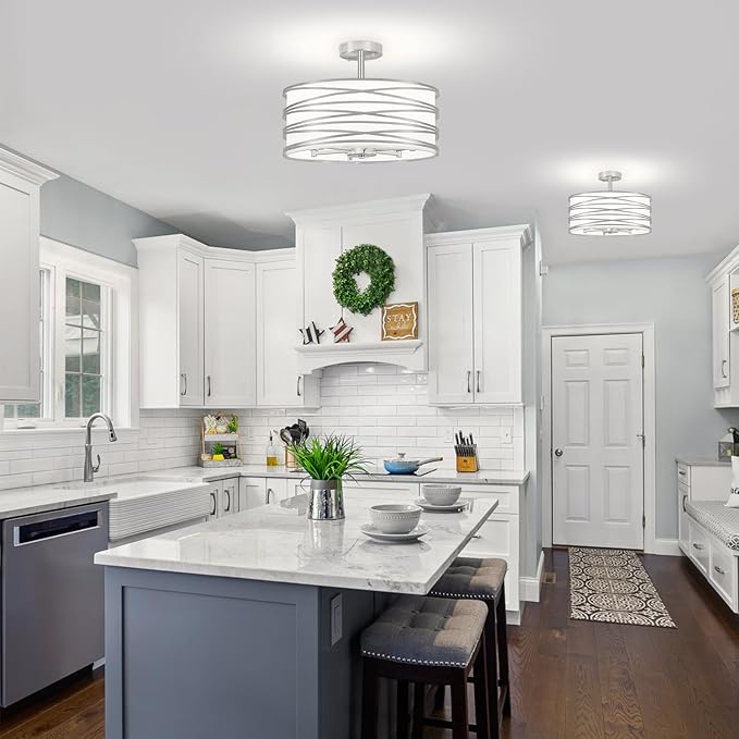 TOULMJ 6-Light Semi Flush Mount Ceiling Light, 16.53‘’ Brushed Nickel Drum Chandelier with White Fabric Shade, Modern Farmhouse Dimmable Light Fixtures for Kitchen Laundry Hallway Dining Room Foyer