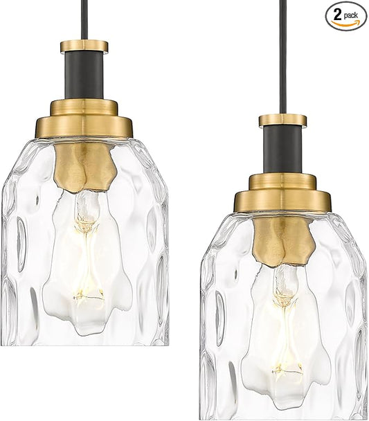 zeyu Pendant Light 2 Pack, Vintage Adjustable Hanging Light for Hallway, Haning Light Fixture Ceiling with Water Ripple Glass Shade, Black and Gold Finish, ZG33M1L-2 BK+BG-WG