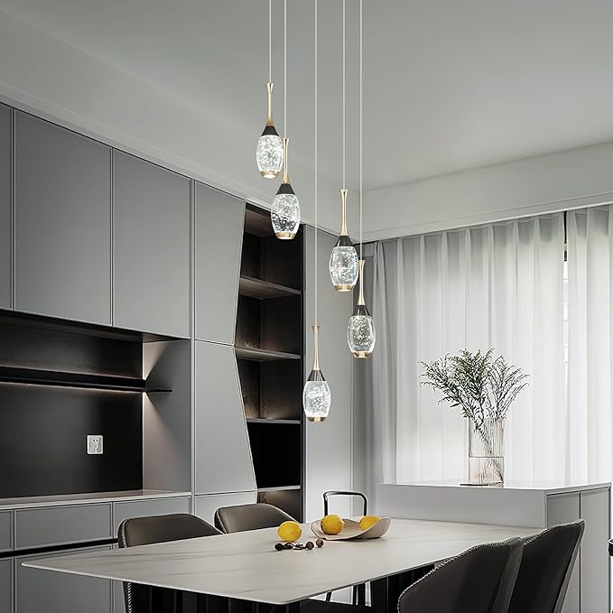 Modern Black Gold Pendant Light Dimmable LED Ceiling Light Fixtures Mini Teardrop Crystal Pendant Lighting for Kitchen Island Bedroom Hallway Entryway (5 Light，Champagne Gold)