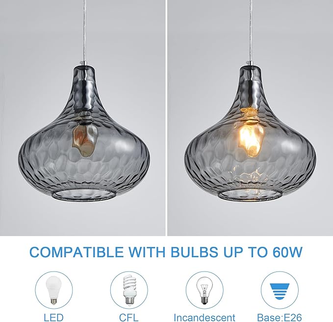 Hammered Glass Pendant Light - 11" Vintage Industrial Farmhouse Fixture for Kitchen Island, Dining Room & Entryway, Smoke Gray Ceiling Hanging Light with Chrome Finish,Easy Install Modern Chandelier