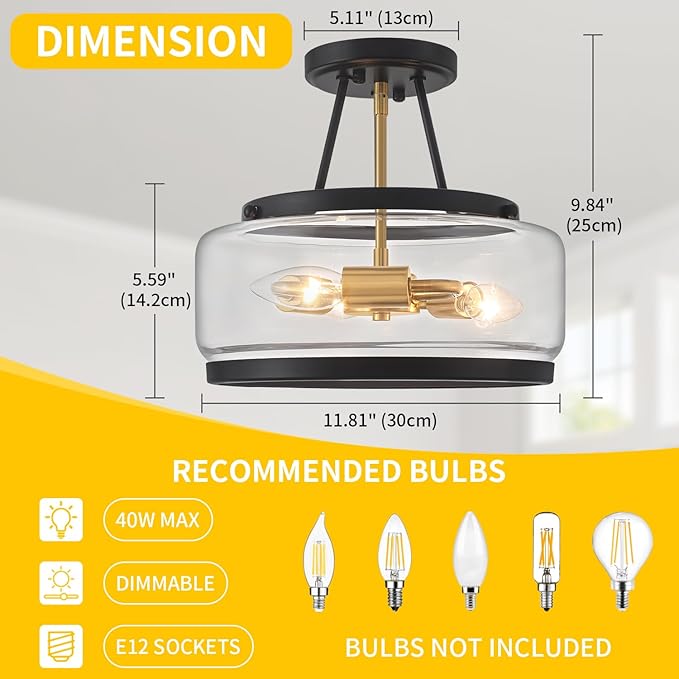 3-Light Semi Flush Mount Ceiling Light Modern Glass Drum Entryway Chandelier Black and Gold Hallway Lights Kitchen Ceiling Lighting Fixtures for Bedroom Foyer Laundry Bathroom Dining Room