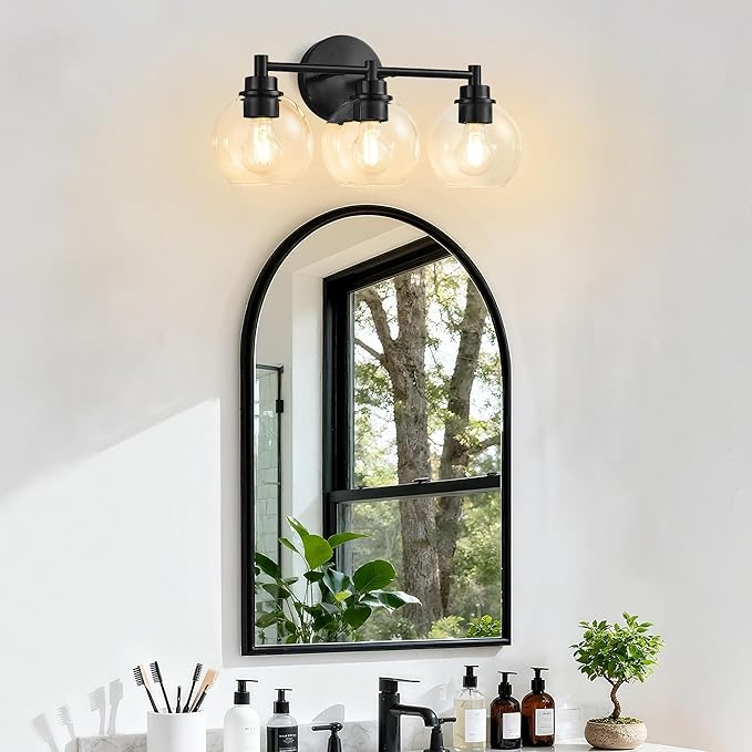 Black Bathroom Vanity Lights, 3-Light Wall Sconce with Glass Globe Shade, Vanity Lighting for Bathroom/Bedroom/Dressing Room, Vertical/Horizontal Mounted, E26 Bulb Base (Bulb Not Included)