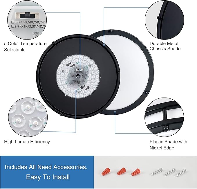 DLLT Flush Mount LED Ceiling Light: 10 Inch 5CCT (3000K-6000K) & Dimmable Ceiling Light Fixtures for Bedroom Hallway - 18W Modern Black 1600LM Super Bright Kitchen Lighting Fixtures Ceiling
