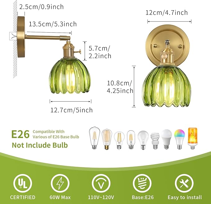 Vintage Wall Sconces Set of 2 Corded Wall Sconce Indoor Wall Mount Lamp with Tulip Glass Shade 180°Adjustable Victorian Art Wall Light with Twist Switch for Bedside Doorway (Green, Hardwired)