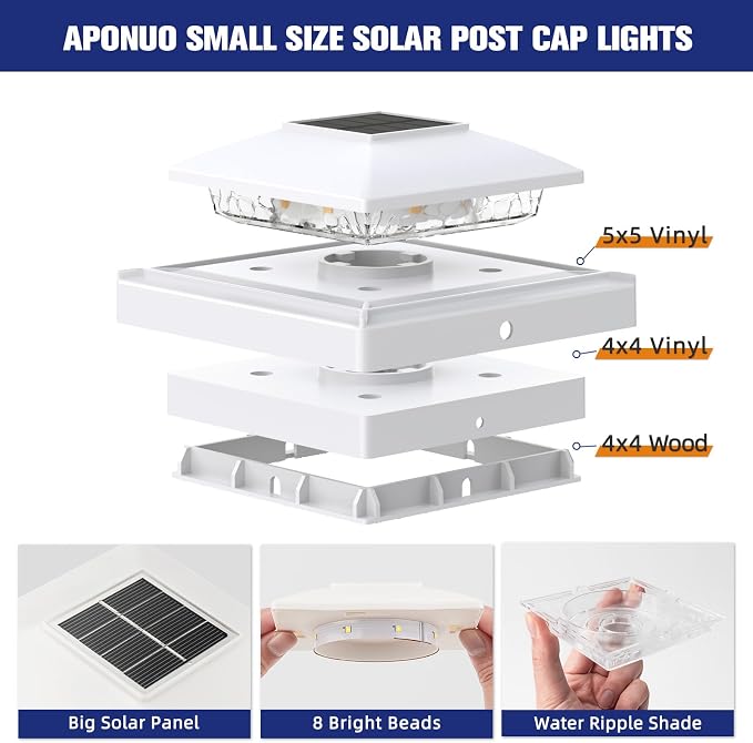 APONUO Solar Post Cap Lights for 4x4 5x5 Posts - IP64 Waterproof, 6500K LED, No-Wire Fence Lights & Deck Lights for Patio Garden Yard Patio, White-Cool White, 24 Pack