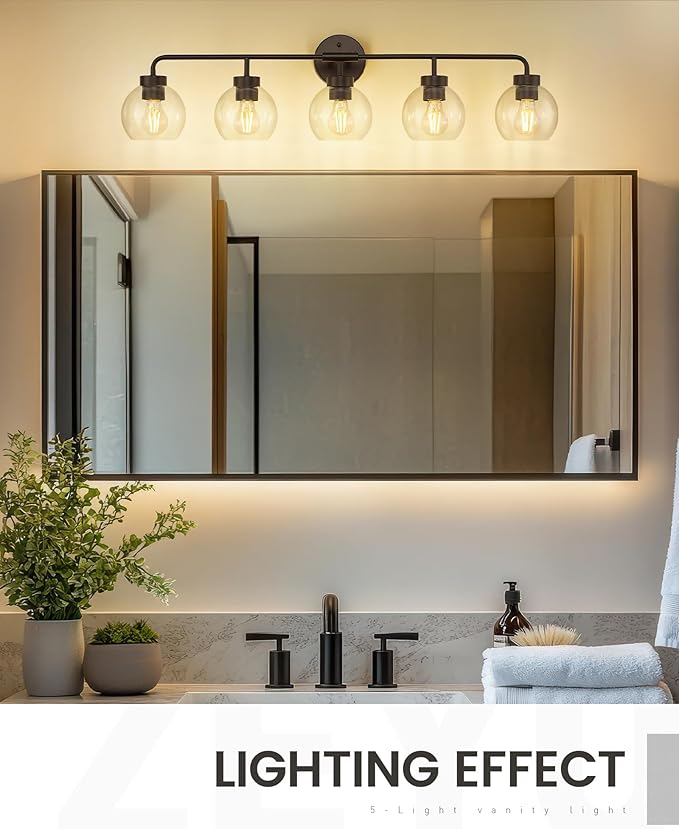 zeyu 5-Light Modern Vanity Light Fixture, 38.5 Inch Bathroom Light Fixtures Wall Mount with Clear Glass Globe Shade, Oil Rubbed Bronze Finish, ZS62BG-5W ORB