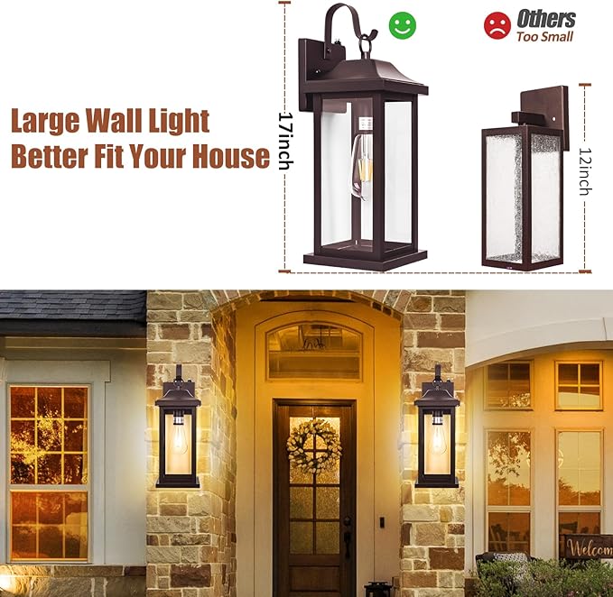 Dusk to Dawn Outdoor Lighting for House 17 Inch Large 1-Pack, Oil Rubbed Bronze Exterior Light Fixture for Front Porch Light with Clear Tempered Glass Waterproof Outside Wall Mounted Lamp