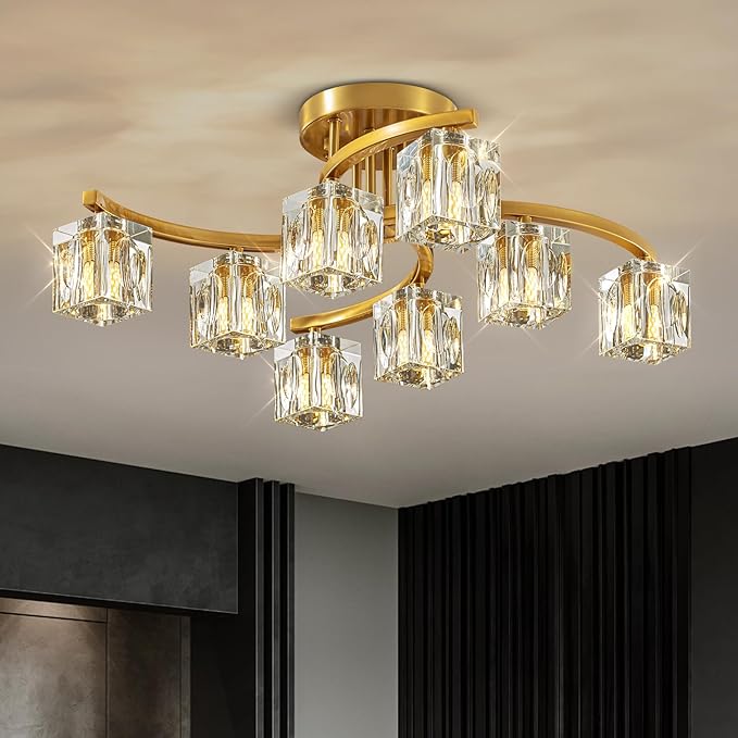 Semi Flush Mount Ceiling Light Fixture with 8-Light, Gold Modern Sputnik Chandeleirs Crsytal Ceiling Light for Dining Room, Bedroom, Living Room, Hallway,Entryway,Kitchen