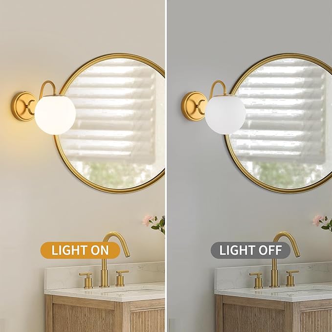 2-Pack Wall Sconce for Bathroom, Vintage Brushed Gold Vanity Lights, Wall Mount Light Fixtures With Milk Glass Globe Shade, Indoor Wall Lights Fixture for Bedroom Living Room Mirror Hallway(G9 Incl.)
