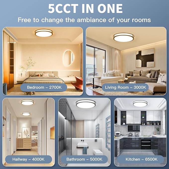16Inch Flush Mount LED Ceiling Light Fixtures, 5CCT Adjustable 2700K 3000K 4000K 5000K 6500K, Dimmable Close to Ceiling Light for Kitchen, Bathroom, Kitchen, Bedroom, Brushed Nickel, 1 Pack