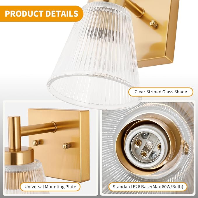 OCIOC Gold Hardwired Wall Sconces Set of Two, Modern Glass Wall Lights for Bathroom, Wall Mounted Light for Bedroom, Living Room, Hallway, Cabinet Porch