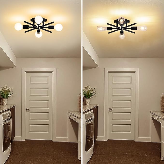 4-Light Sputnik Light Fixture Black Flush Mount Lights Industrial Semi Flush Lighting Fixtures Ceiling 19 inch Modern Farmhouse Ceiling Lights for Kitchen Bedroom Bathroom Foyer Hallway (E26) (2Pack)