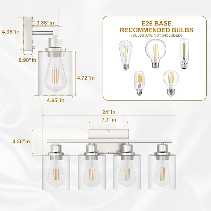 Bathroom Lighting Fixtures Over Mirror Brushed Nickel, 24Inches Vanity Lights for Bathroom, Modern 4-Light Wall Sconces E26 Base, Transparent Clear Glass Shades, Bulbs Not Included