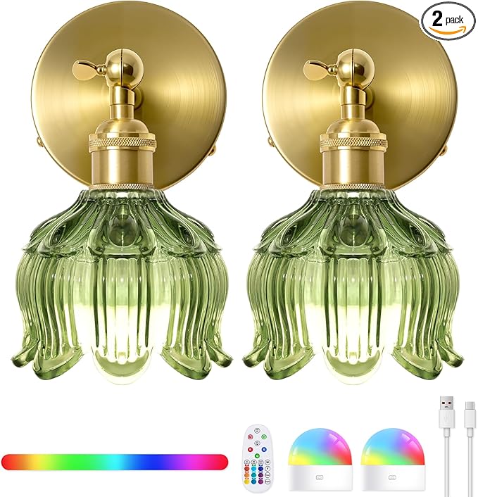 Vintage Battery Operated Wall Sconces - 5000mAh Rechargeable Dimmable Wireless Lights with Remote Control - Set of 2 Green Flower Glass Powered Light Sconce - Cordless Mounted Lighting for Bedroom