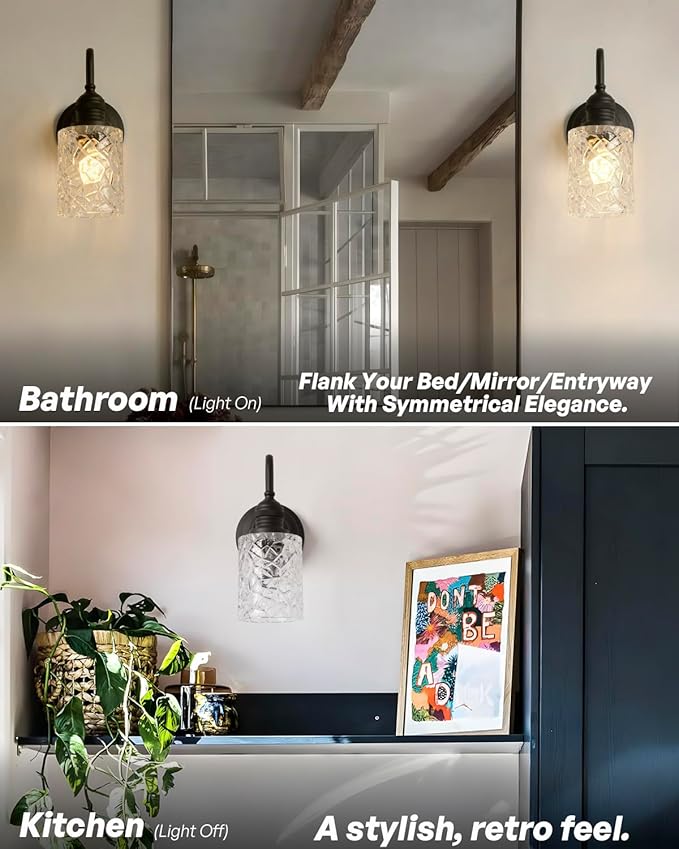 Vintage Wall Sconce 1-Light Black Bathroom Vanity Light with Clear Ripple Glass Shade Hardwire Farmhouse Wall Lamp Fixture for Bathroom Mirror Living Room Bedroom Kitchen Indoor