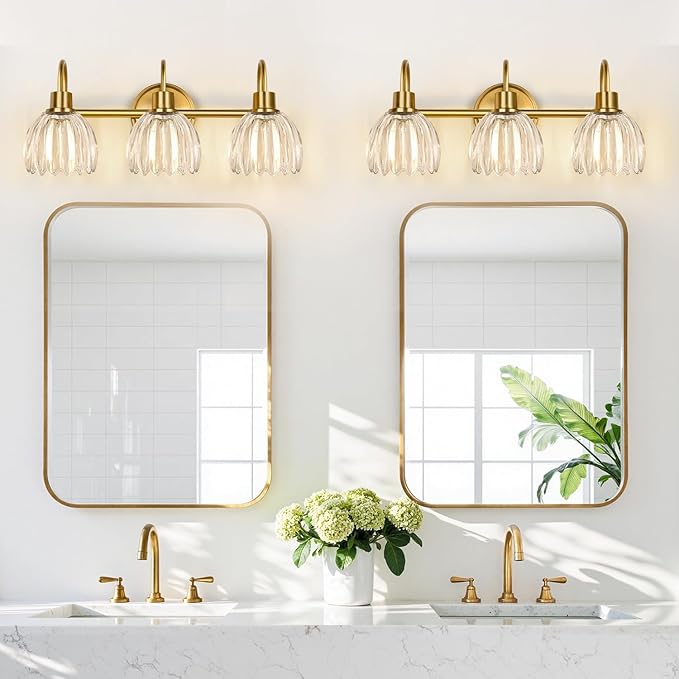 3-Light Bathroom Light Fixtures, 20" Brushed Gold Vanity Lights for Bathroom with Ribbed Clear Tulip Glass Shade, Vintage Wall Vanity Lighting Fixtures Over Mirror for Bathroom Living Room Hallway