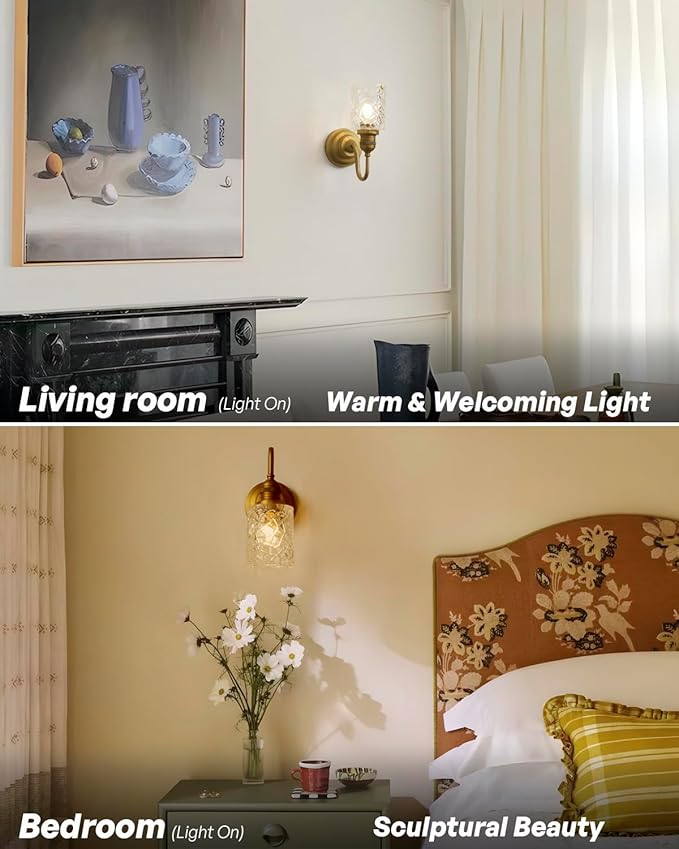 Vintage Wall Sconce Brass Gold Bathroom Vanity Light with Clear Ripple Glass Shade Indoor Hardwire Wall Mounted Lamp Light for Bathroom Mirror Living Room Bedroom Kitchen