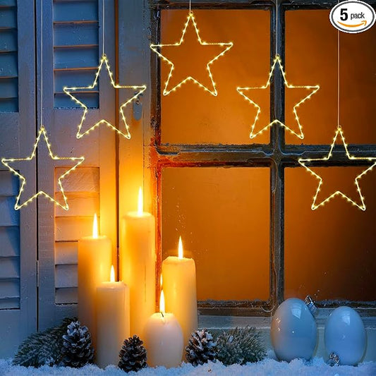 LED Christmas Window Star Decoration - 5 Pack 200 Hanging Star Lights Battery Operated 8 Modes with 5 Remote Controls for Indoor, Outdoor Christmas Window Decorations, Porch, Warm White