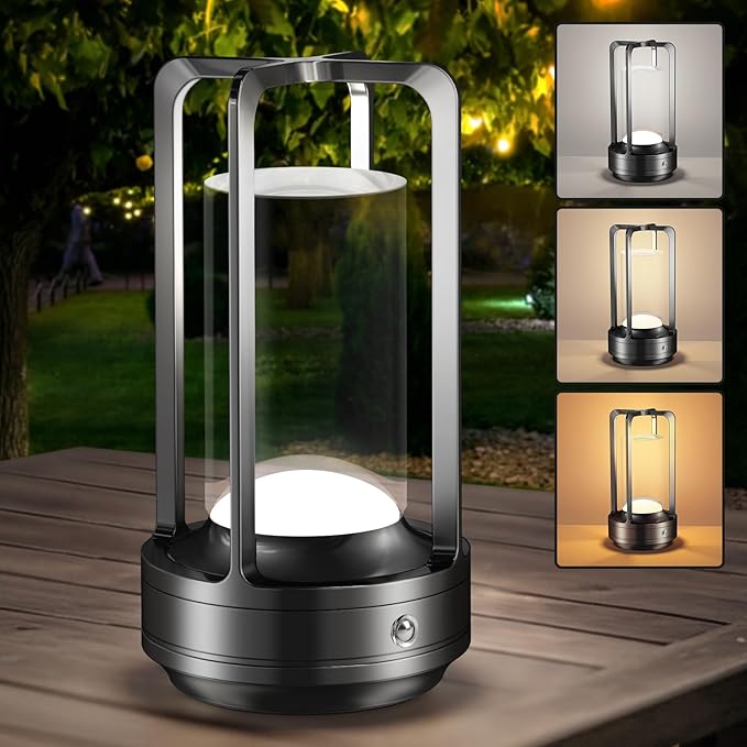 Portable Table Lamp for Outdoor Indoor: Cordless Rechargeable Desk Lamp with 3 Color Stepless Dimmable - Metal Battery Operated Lantern Light for Bedroom/Bar/Coffee Shop/Camping (Graphite)