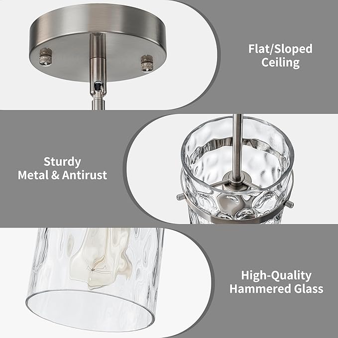 5.5" Nickel Hammered Glass Pendant Light, Brushed Nickel Pendant Lights Kitchen Island, Modern Kitchen Island Light Over Dining Light Fixture Bedroom Foyer 1 Pack