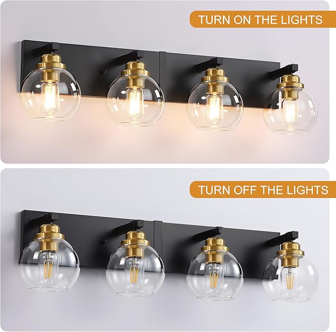 4-Light Bathroom Vanity Light Fixture Over Mirror, Bathroom Light Fixutre Matte Black & Gold Finish with Globle Clear Glass E26 Base Bulbs Not Included for Bathroom, Hallway, Bedroom, Living room