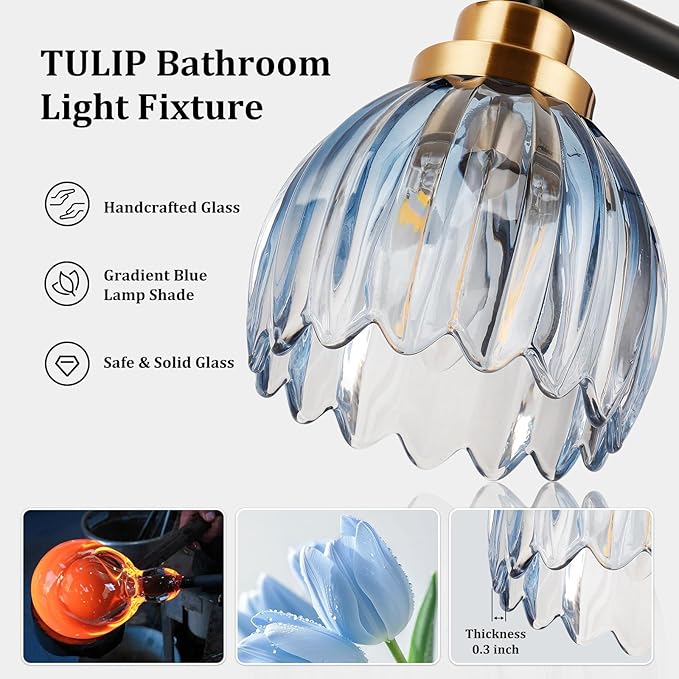 TALOYA Bathroom Vanity Light Fixtures, 3-Light Modern Black and Gold Wall Lights Over Mirror with Gradient Blue Tulip Glass Shades Bathroom Wall Lamp for Mirror, Living Room,Hallway, Farmhouse