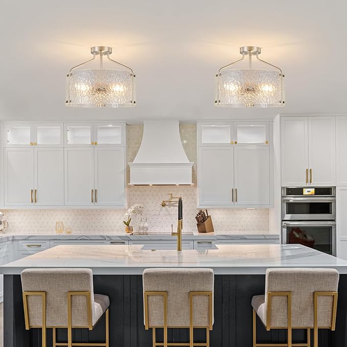 Semi Flush Mount Ceiling Light Fixture Glass Drum Chandelier Entryway Light Fixture 16''Brushed Nickel Flush Mount Ceiling Lights 3-Light Foyer lighting fixtures for Living Room Hallway Bedroom