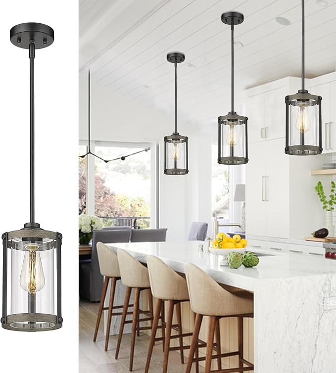 Farmhouse Pendant Light Fixtures, 1-Light Black Glass Pendant Lights for Kitchen Island, Industrial Rustic Mini Hanging Lighting with Rod, Wood Finish, Adjustable Length, OS-3014