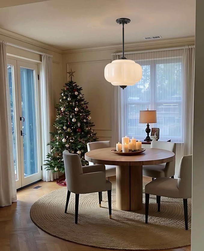 Milk Glass Ceiling Light Fixture, 15" Vintage Scallop Semi Flush Mount Pendant Light, Schoolhouse Light Fixture - Antique Chandelier for Kitchen, Hallway, Dining Room, White/Black