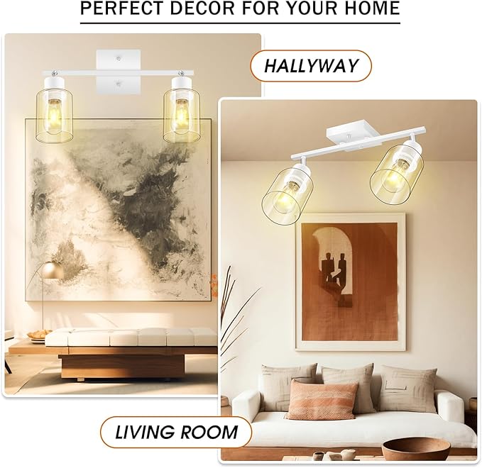 BoostArea White LED 2 Light Track Lighting Kit, 2 Way Ceiling Spot Lighting with Glass Lampshade, Flexibly Rotatable Light Head for Kitchen, Living Room, Bedroom, Bulb Not Included