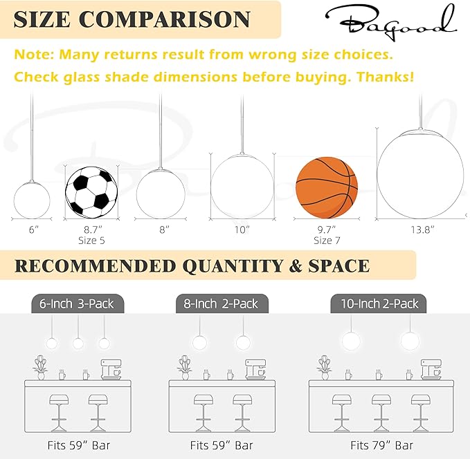 Bagood 8" Globe Pendant Light Black 2 Pack Mid Century Pendant Light Globe Pendant Lights Kitchen Island Matte Black Finished with Clear Glass Adjustable Ceiling Light Fixtures for Dining Room Bar