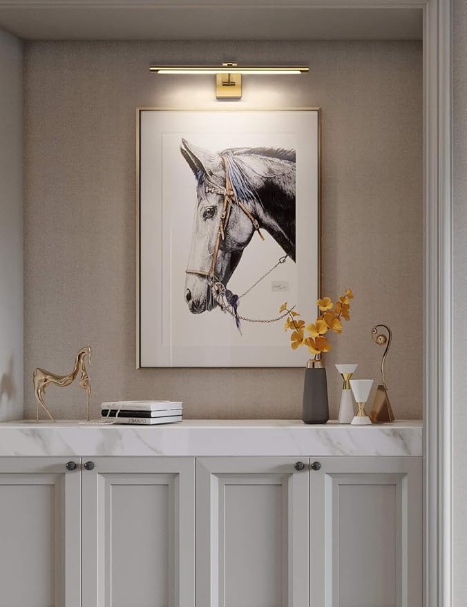 LED Picture Light Fixtures 24.4 Inches, Full Metal Artwork Wall Lamp with Single Swing Arm, 14W (70W Eqv.), Hardwired Connection, Non-Dimmable, 3000K Warm White, CRI80+, Golden-Like Brass Finish